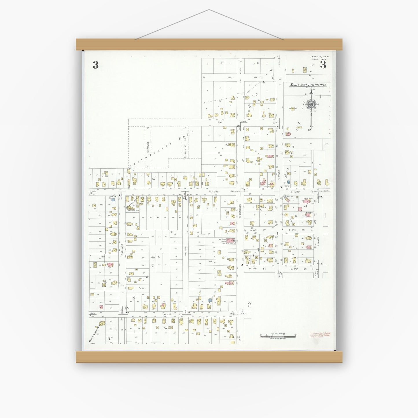 Old map wall art mockup — magnetic wood frame on white wall — Sanborn Fire Insurance Map from Davison, Genesee County, Michigan (1939), Sheet #0003