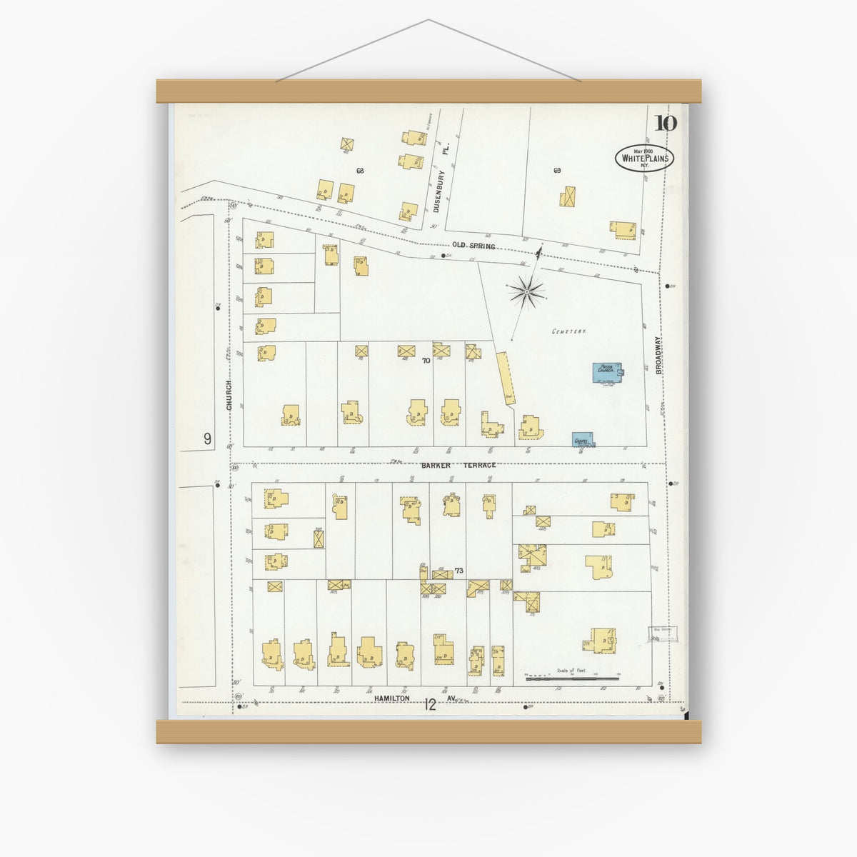 Old map wall art mockup — magnetic wood frame on white wall — Sanborn Fire Insurance Map from White Plains, Westchester County, New York (1900), Sheet #0010