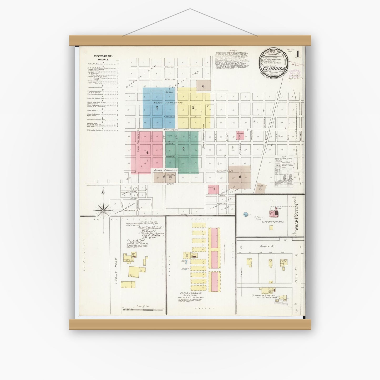 Old map wall art mockup — magnetic wood frame on white wall — Sanborn Fire Insurance Map from Clarinda, Page County, Iowa (1893), Sheet #0001