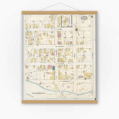 Old map wall art mockup — magnetic wood frame on white wall — Sanborn Fire Insurance Map from Aurora, Dearborn County, Indiana (1935), Sheet #0006