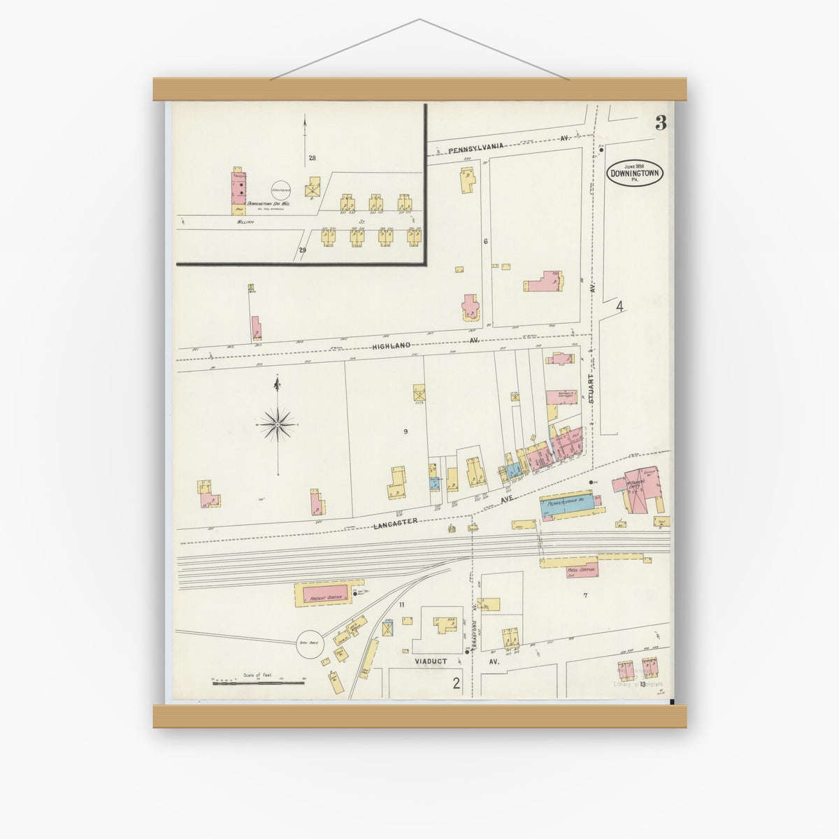 Old map wall art mockup — magnetic wood frame on white wall — Sanborn Fire Insurance Map from Downingtown, Chester County, Pennsylvania (1898), Sheet #0003