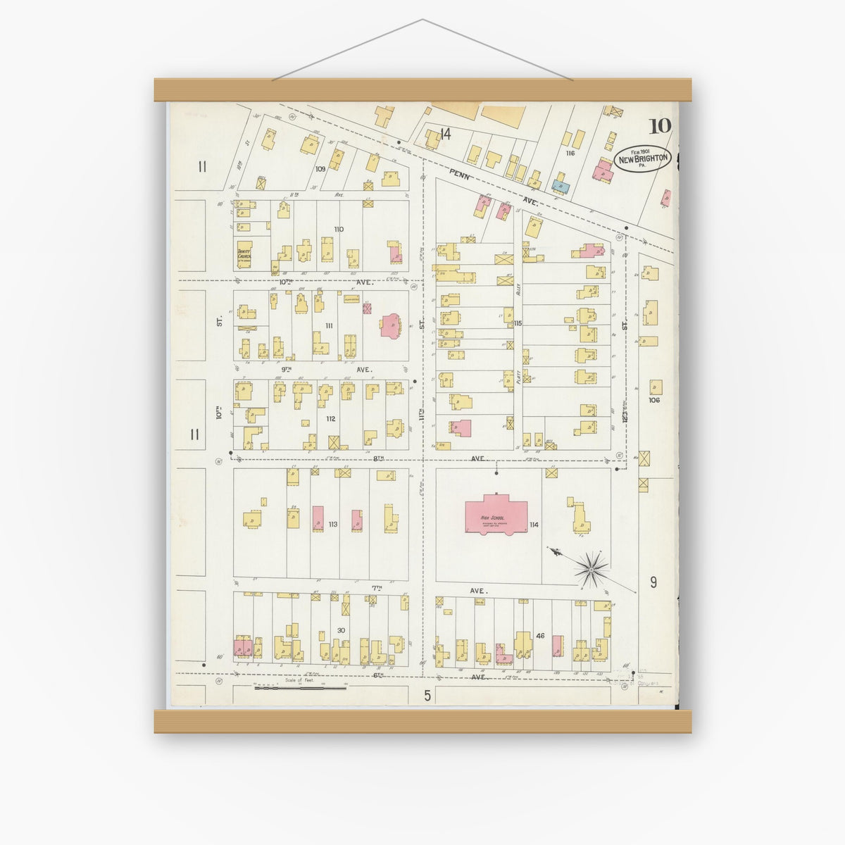 Old map wall art mockup — magnetic wood frame on white wall — Sanborn Fire Insurance Map from New Brighton, Beaver County, Pennsylvania (1901), Sheet #0010