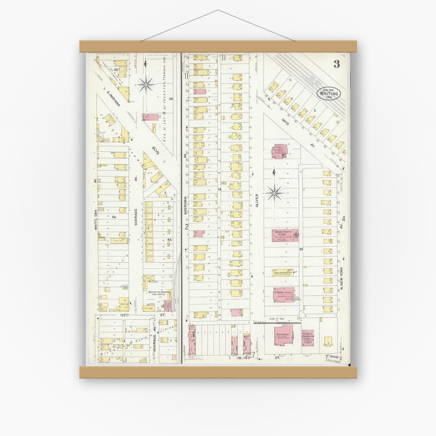 Old map wall art mockup — magnetic wood frame on white wall — Sanborn Fire Insurance Map from Whiting, Lake County, Indiana (1907), Sheet #0003