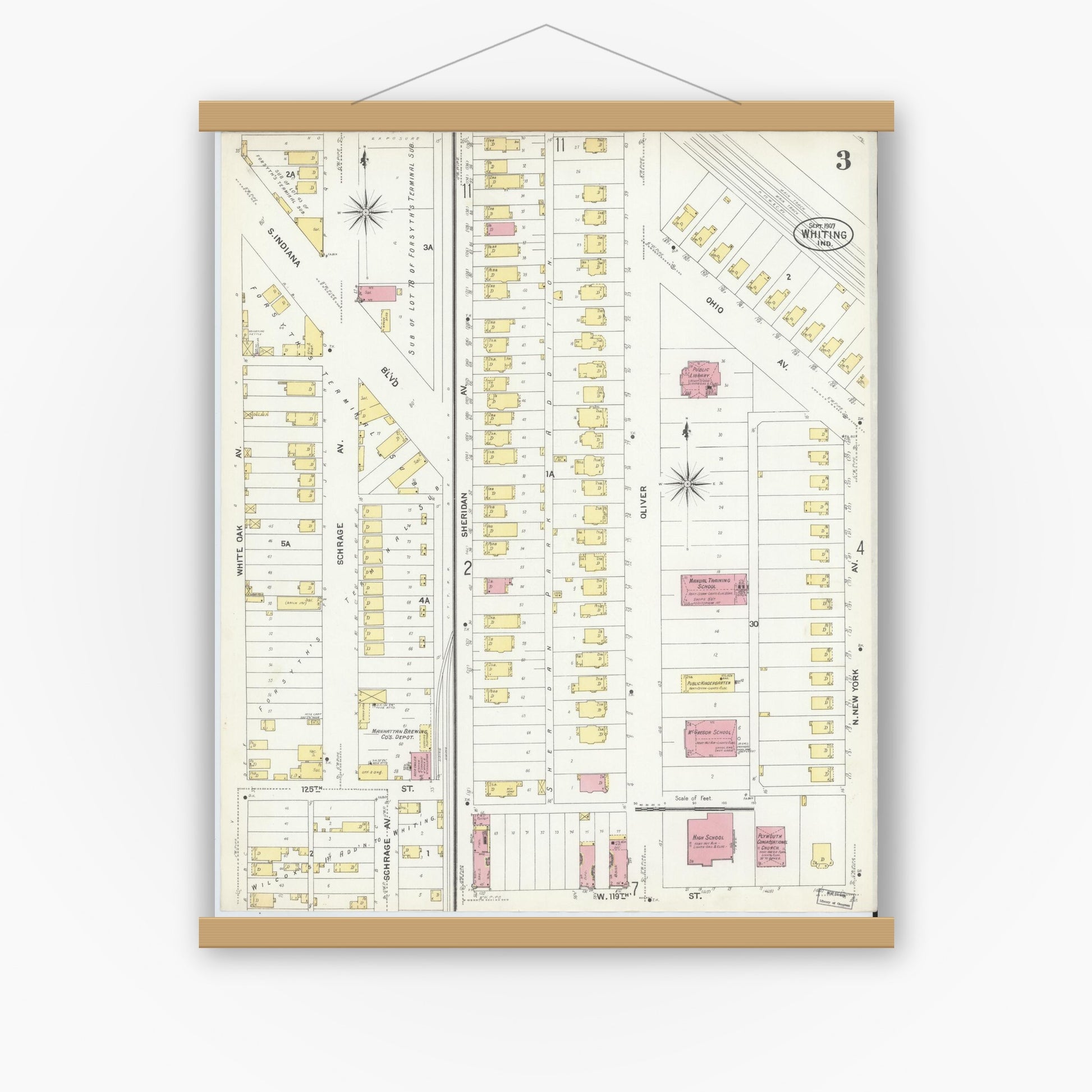 Old map wall art mockup — magnetic wood frame on white wall — Sanborn Fire Insurance Map from Whiting, Lake County, Indiana (1907), Sheet #0003
