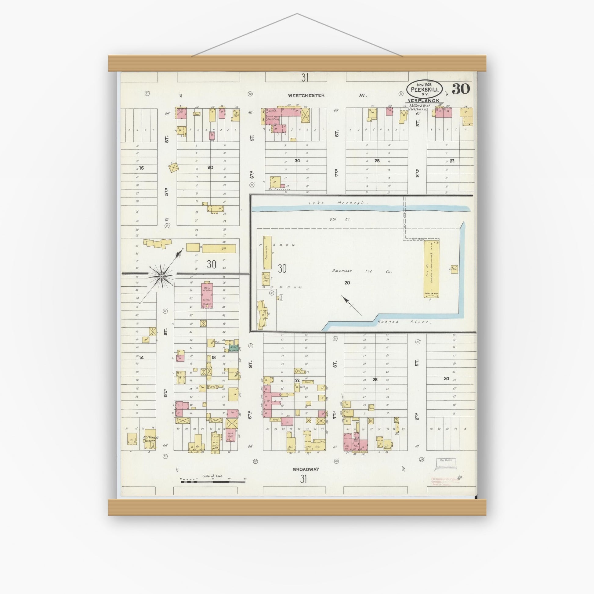 Old map wall art mockup — magnetic wood frame on white wall — Sanborn Fire Insurance Map from Peekskill, Westchester County, New York (1905), Sheet #0030