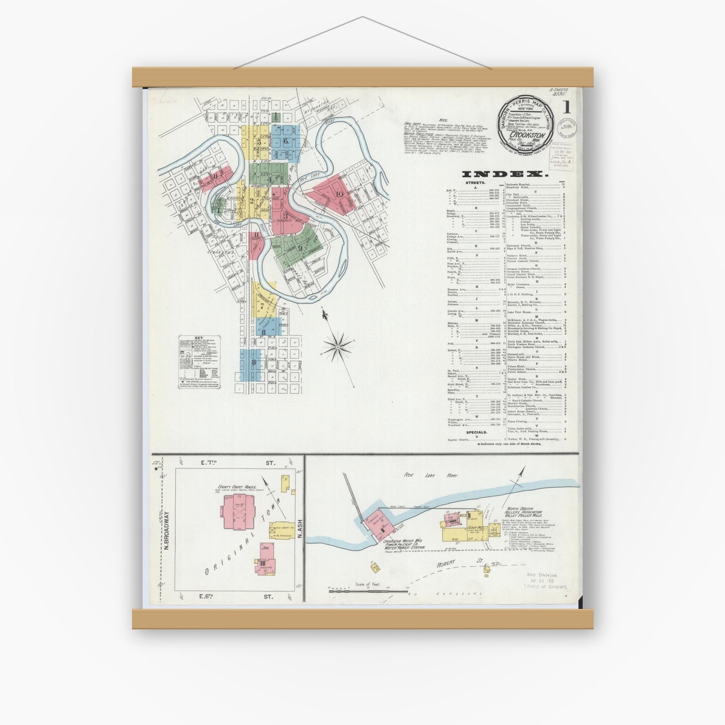 Old map wall art mockup — magnetic wood frame on white wall — Sanborn Fire Insurance Map from Crookston, Polk County, Minnesota (1900), Sheet #0001