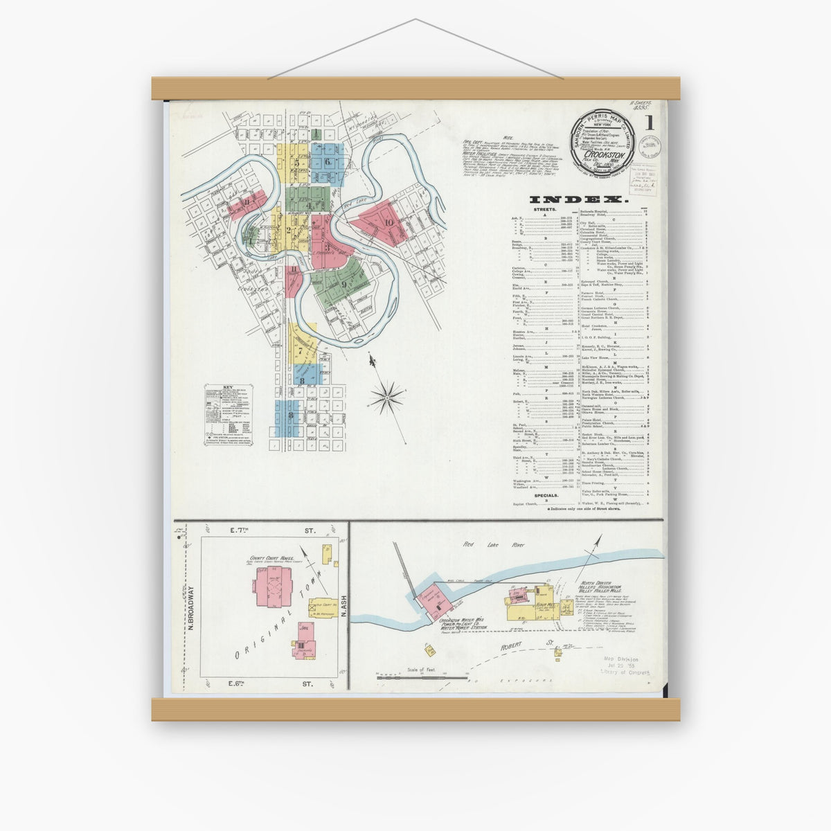 Old map wall art mockup — magnetic wood frame on white wall — Sanborn Fire Insurance Map from Crookston, Polk County, Minnesota (1900), Sheet #0001