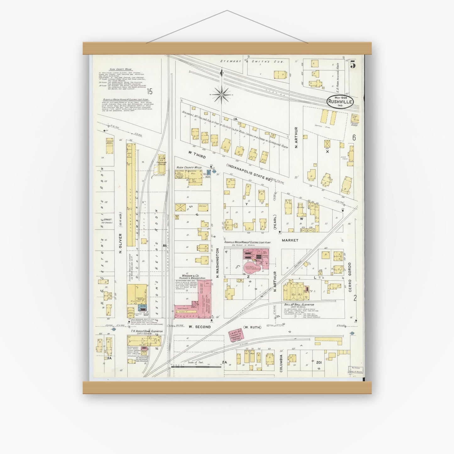 Old map wall art mockup — magnetic wood frame on white wall — Sanborn Fire Insurance Map from Rushville, Rush County, Indiana (1908), Sheet #0005