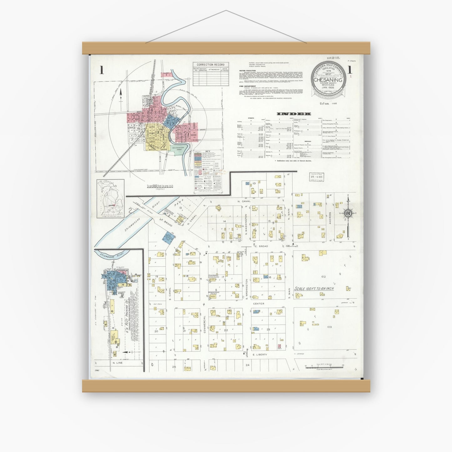 Old map wall art mockup — magnetic wood frame on white wall — Sanborn Fire Insurance Map from Chesaning, Saginaw County, Michigan (1935) - Complete Map Set