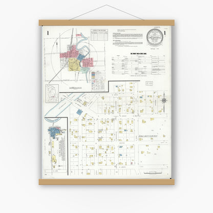 Old map wall art mockup — magnetic wood frame on white wall — Sanborn Fire Insurance Map from Chesaning, Saginaw County, Michigan (1935) - Complete Map Set