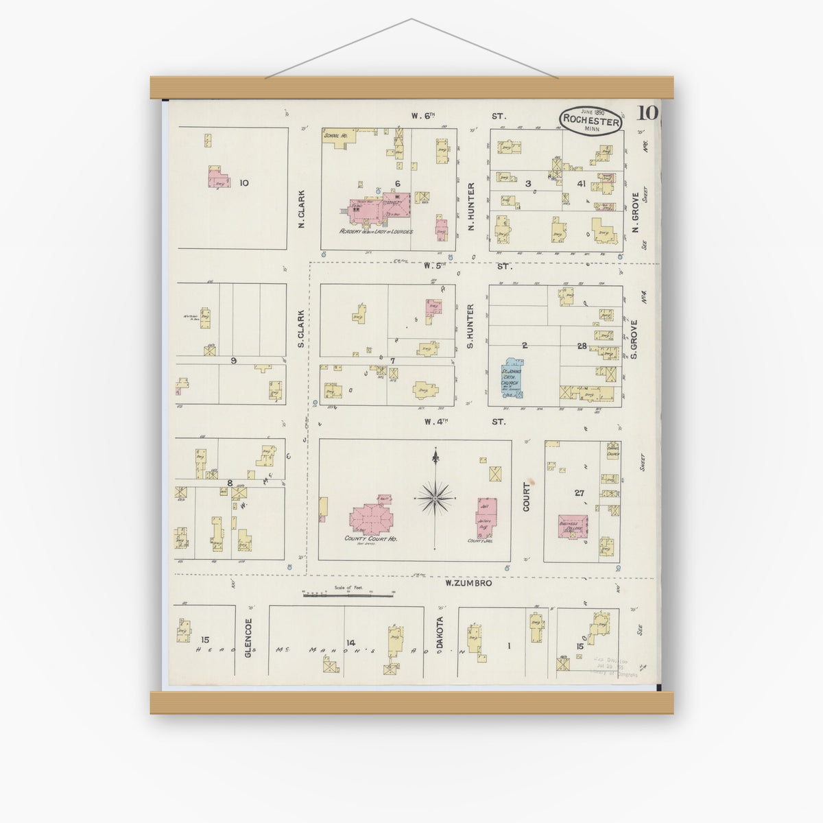 Old map wall art mockup — magnetic wood frame on white wall — Sanborn Fire Insurance Map from Rochester, Olmsted County, Minnesota (1890), Sheet #0010