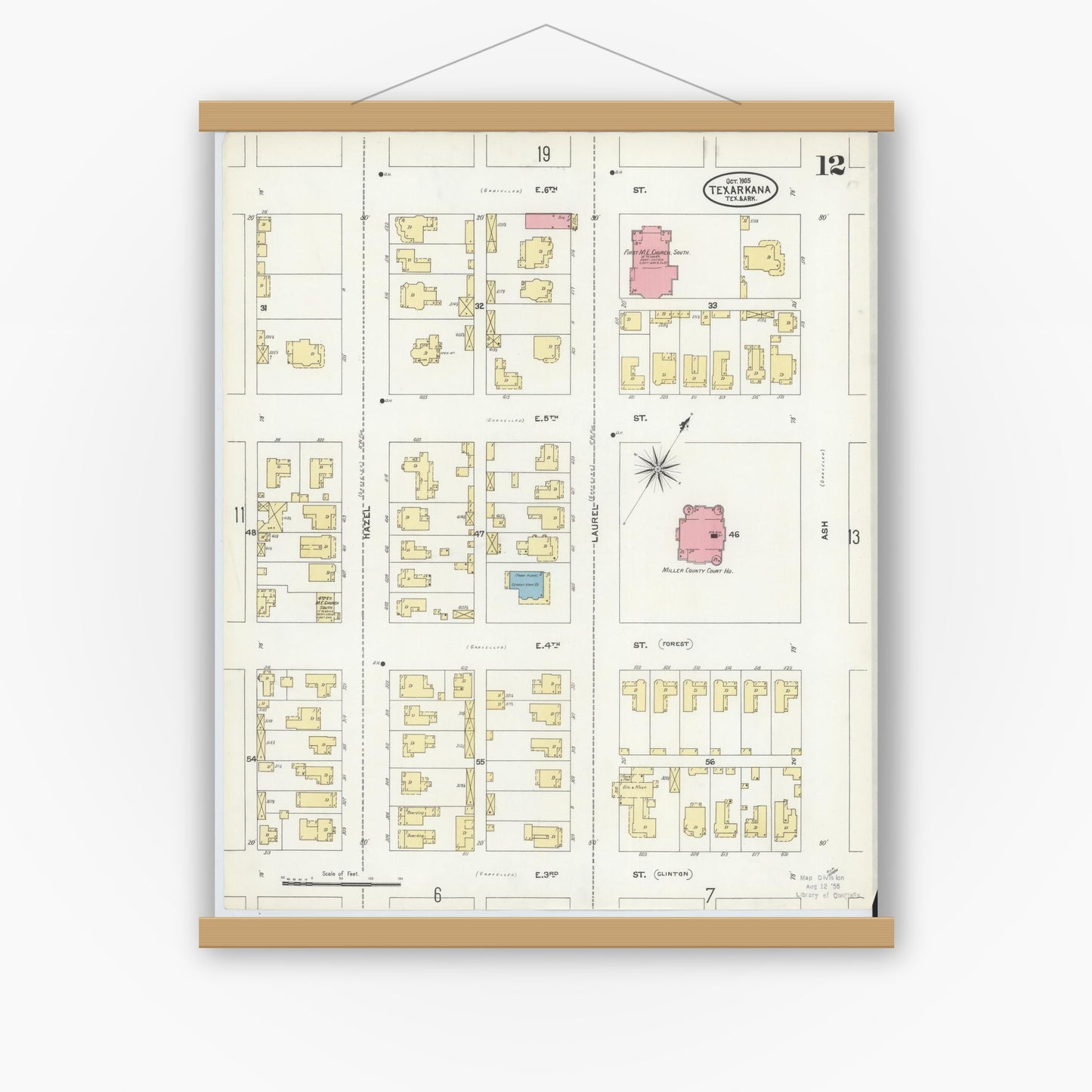 Old map wall art mockup — magnetic wood frame on white wall — Sanborn Fire Insurance Map from Texarkana, Bowie County, Texas (1905), Sheet #0012