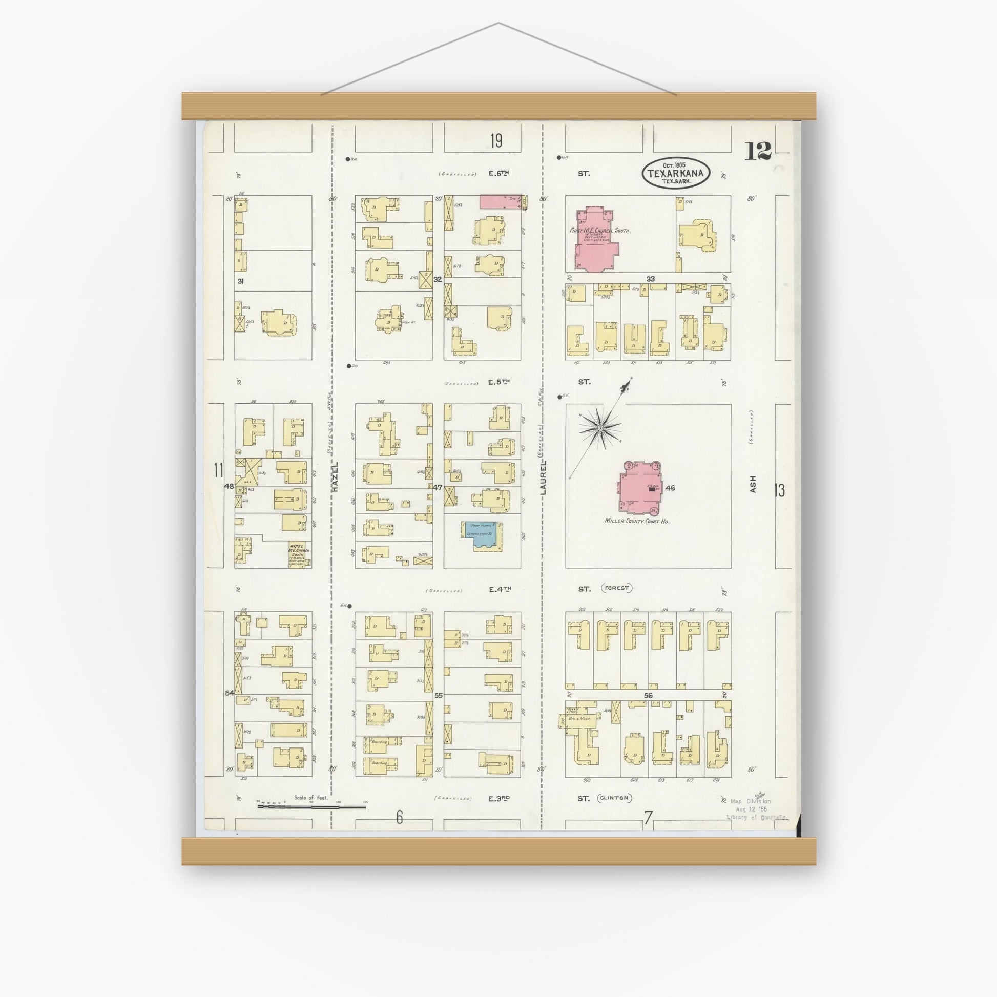 Old map wall art mockup — magnetic wood frame on white wall — Sanborn Fire Insurance Map from Texarkana, Bowie County, Texas (1905), Sheet #0012