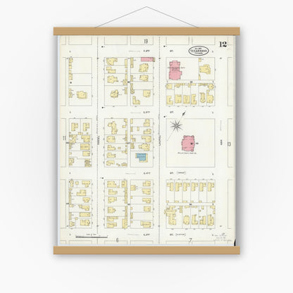 Old map wall art mockup — magnetic wood frame on white wall — Sanborn Fire Insurance Map from Texarkana, Bowie County, Texas (1905), Sheet #0012