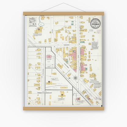 Old map wall art mockup — magnetic wood frame on white wall — Sanborn Fire Insurance Map from Greenwich, Huron County, Ohio (1904), Sheet #0001