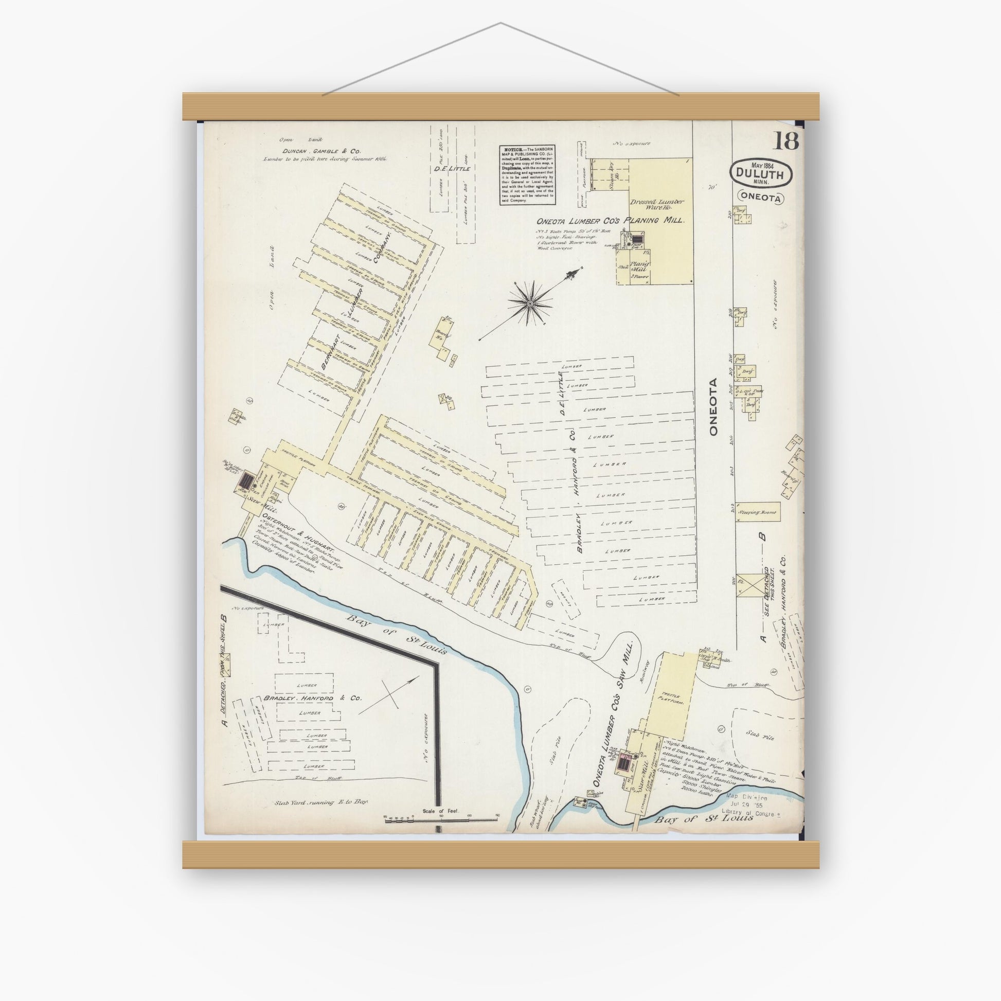 Old map wall art mockup — magnetic wood frame on white wall — Sanborn Fire Insurance Map from Duluth, Saint Louis County, Minnesota (1884), Sheet #0018