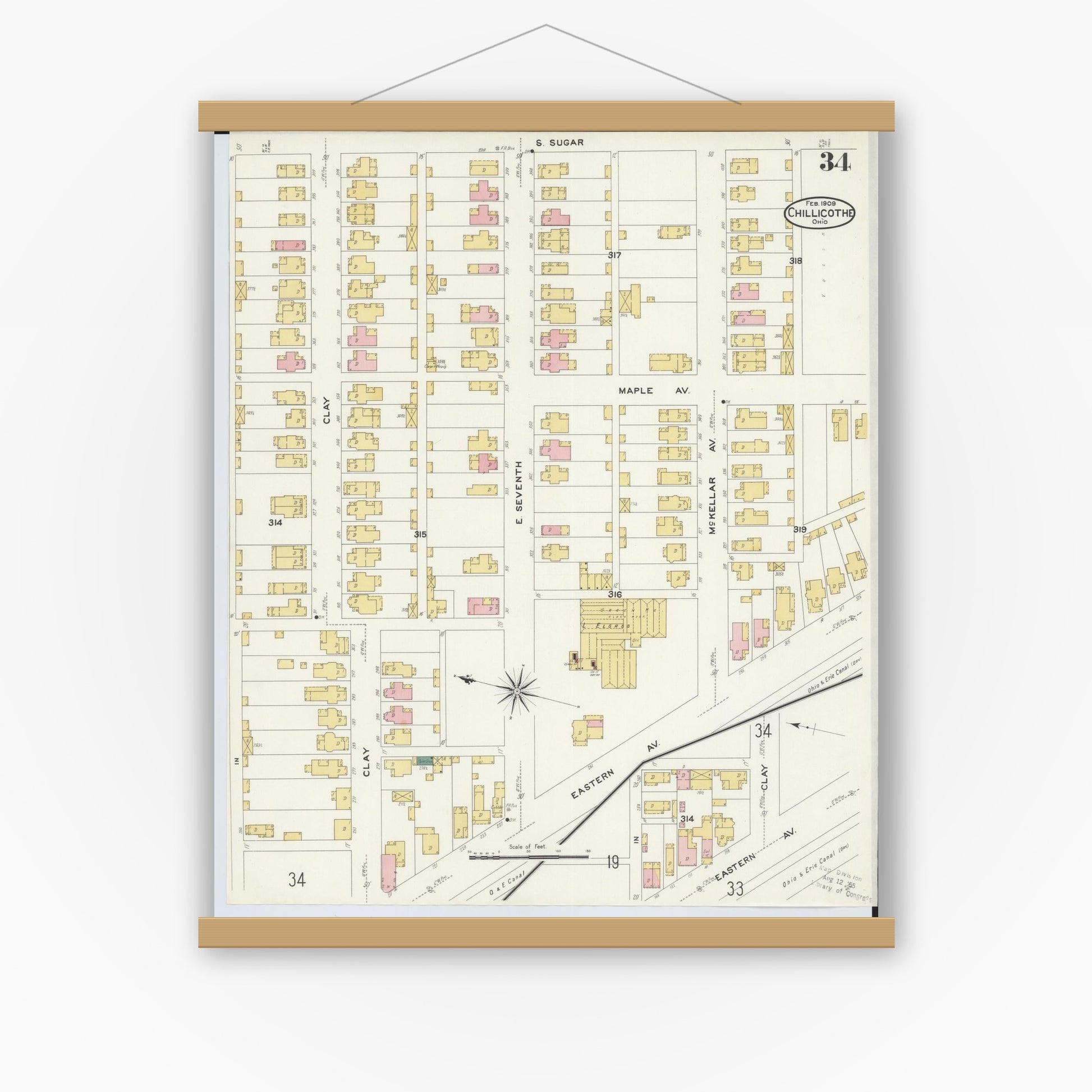 Old map wall art mockup — magnetic wood frame on white wall — Sanborn Fire Insurance Map from Chillicothe, Ross County, Ohio (1909), Sheet #0034