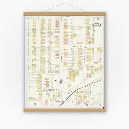 Old map wall art mockup — magnetic wood frame on white wall — Sanborn Fire Insurance Map from Chillicothe, Ross County, Ohio (1909), Sheet #0034