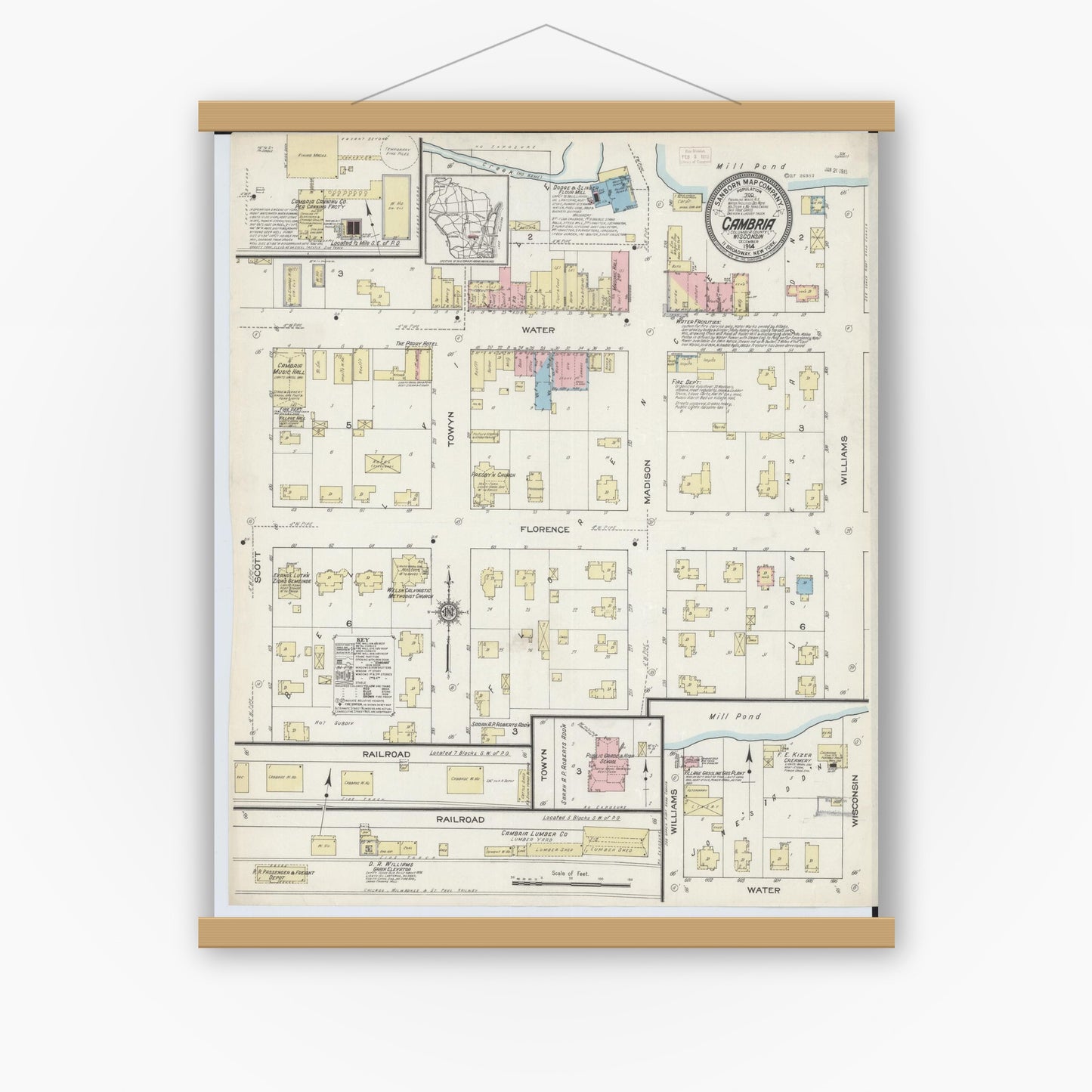 Old map wall art mockup — magnetic wood frame on white wall — Sanborn Fire Insurance Map from Cambria, Columbia County, Wisconsin (1914), Sheet #0001