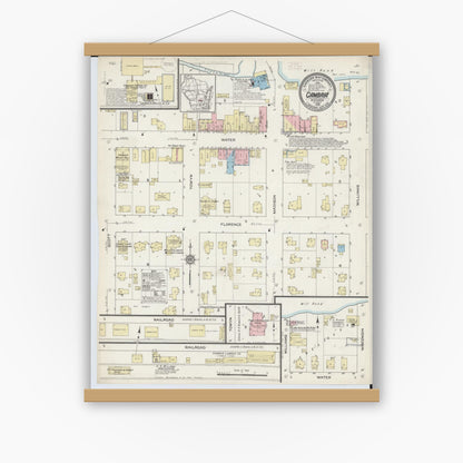 Old map wall art mockup — magnetic wood frame on white wall — Sanborn Fire Insurance Map from Cambria, Columbia County, Wisconsin (1914), Sheet #0001
