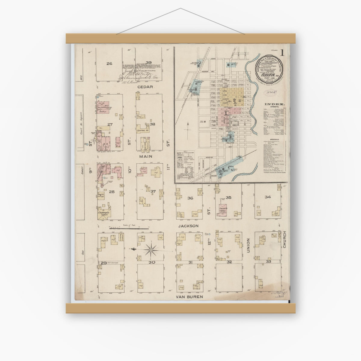 Old map wall art mockup — magnetic wood frame on white wall — Sanborn Fire Insurance Map from Auburn, De Kalb County, Indiana (1886) - Complete Map Set