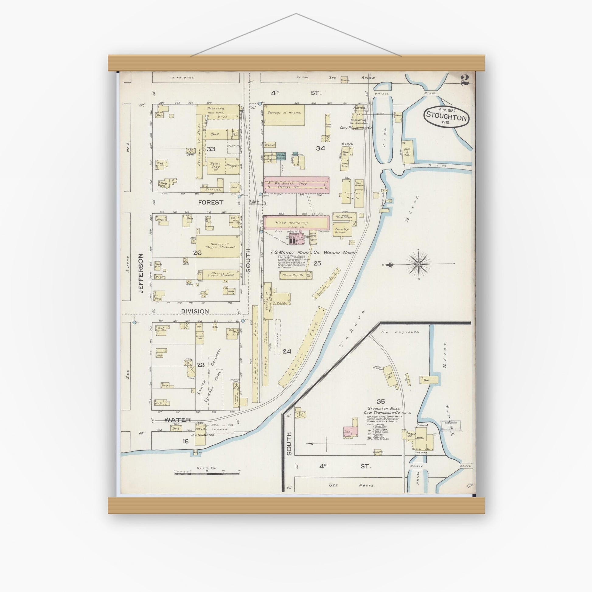 Old map wall art mockup — magnetic wood frame on white wall — Sanborn Fire Insurance Map from Stoughton, Dane County, Wisconsin (1887), Sheet #0002