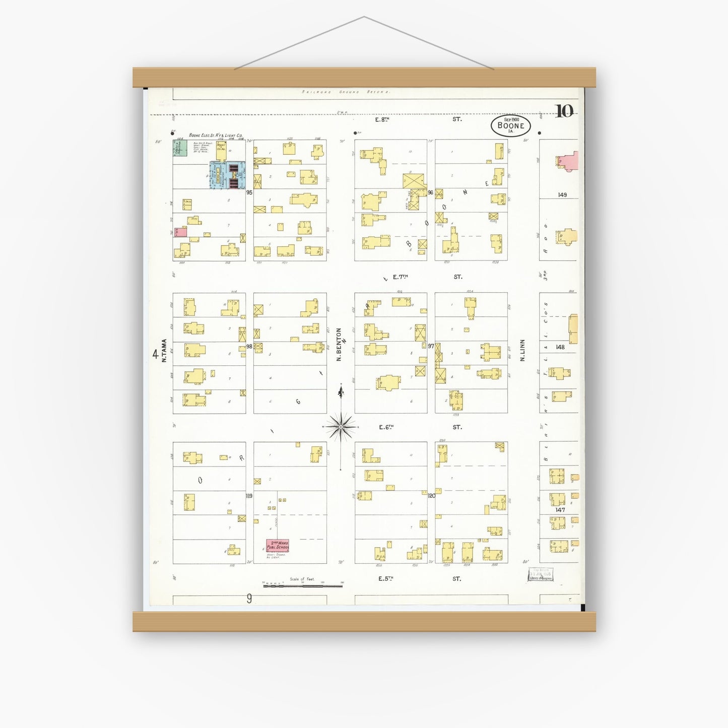 Old map wall art mockup — magnetic wood frame on white wall — Sanborn Fire Insurance Map from Boone, Boone County, Iowa (1900), Sheet #0010