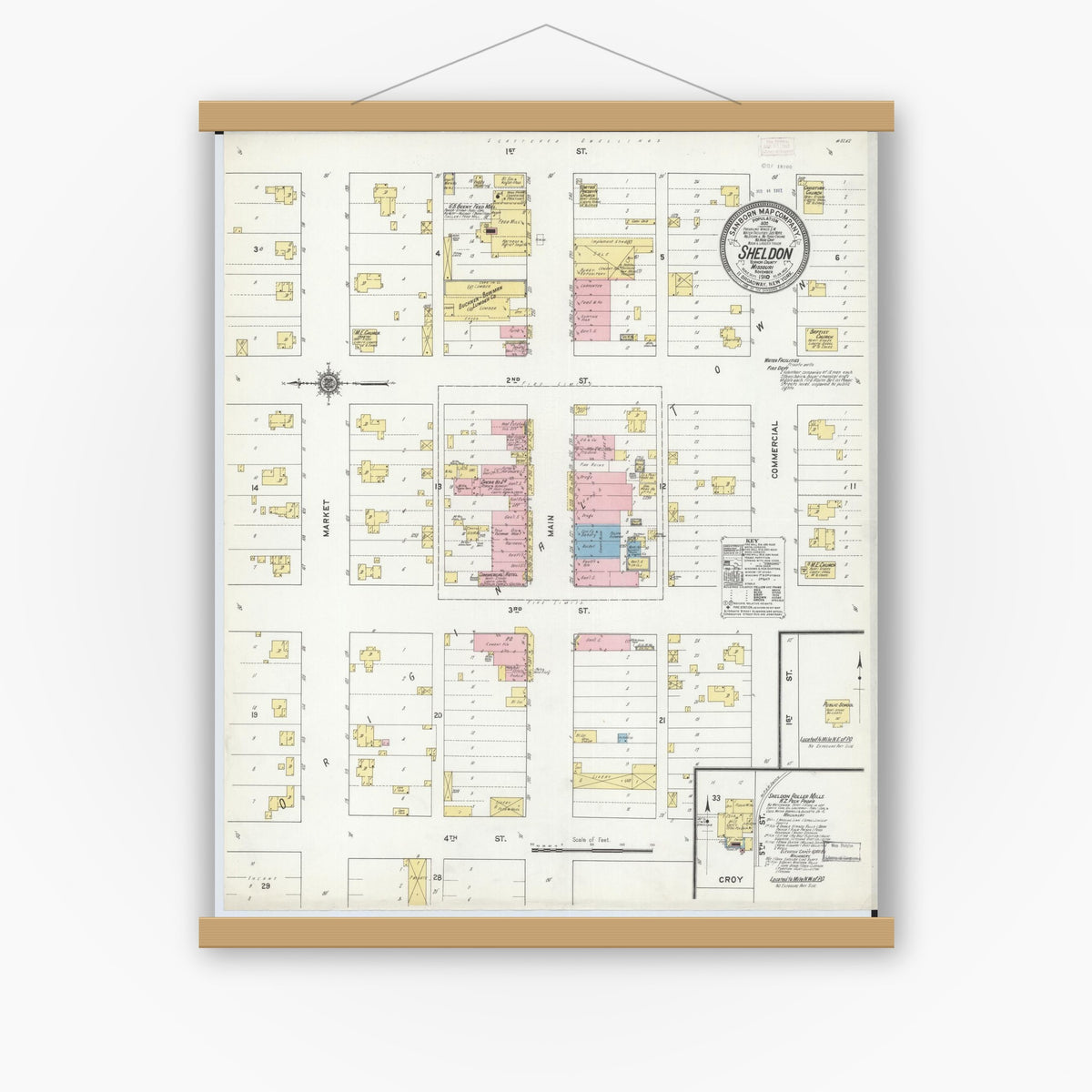 Old map wall art mockup — magnetic wood frame on white wall — Sanborn Fire Insurance Map from Sheldon, Vernon County, Missouri (1910), Sheet #0001
