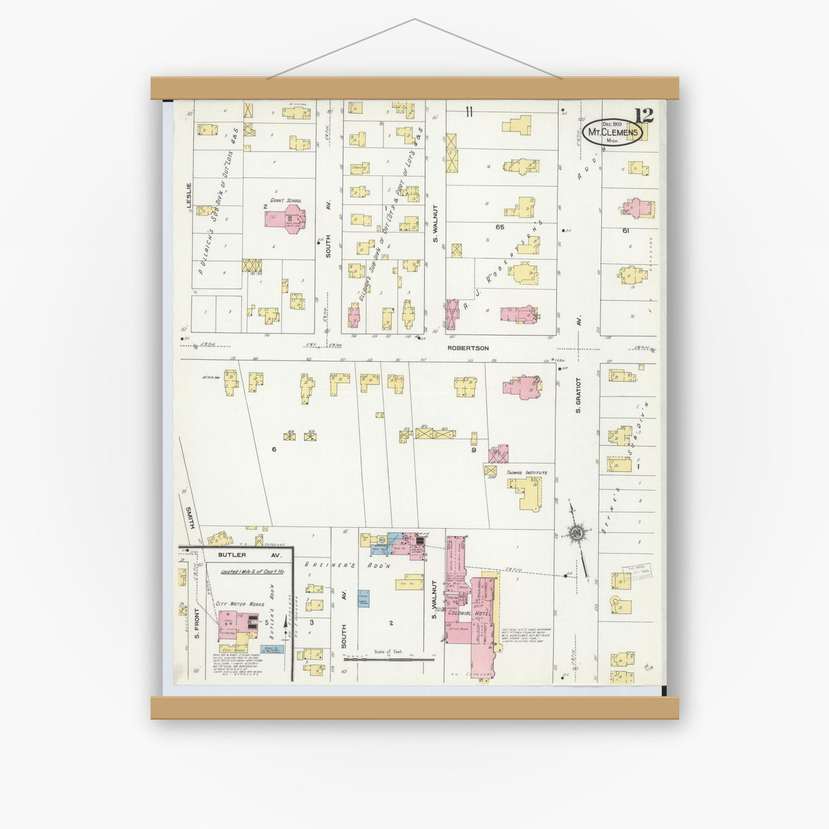Old map wall art mockup — magnetic wood frame on white wall — Sanborn Fire Insurance Map from Mount Clemens, Macomb County, Michigan (1909), Sheet #0012