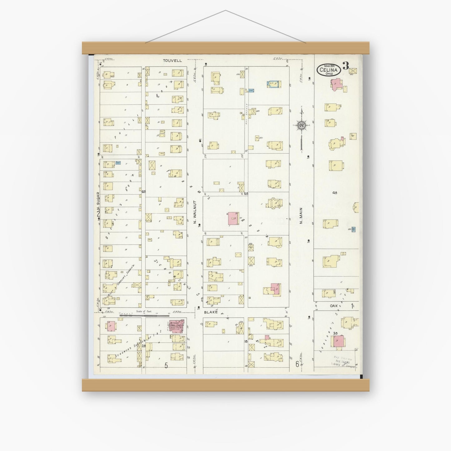 Old map wall art mockup — magnetic wood frame on white wall — Sanborn Fire Insurance Map from Celina, Mercer County, Ohio (1914), Sheet #0003