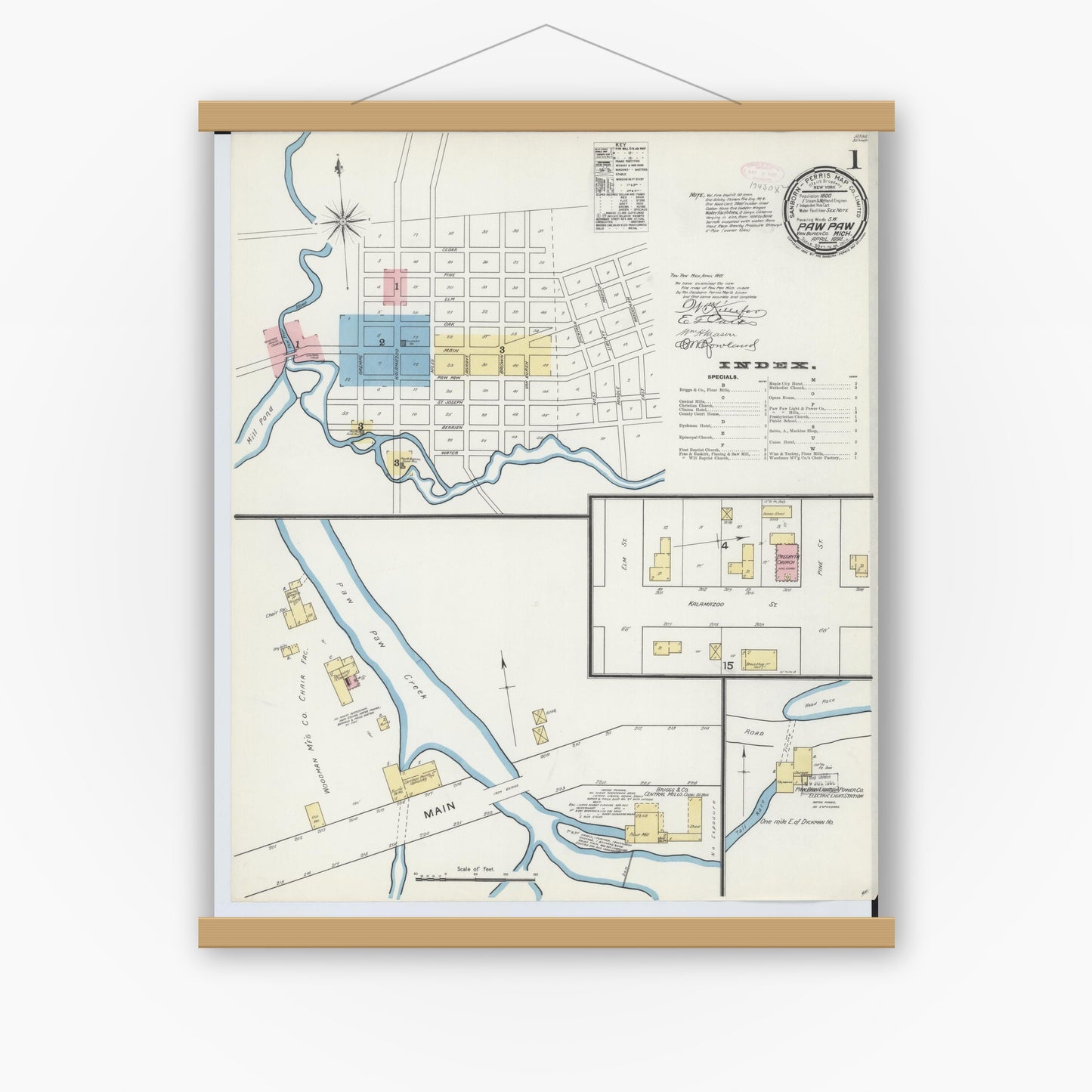 Old map wall art mockup — magnetic wood frame on white wall — Sanborn Fire Insurance Map from Paw Paw, Van Buren County, Michigan (1892) - Complete Map Set