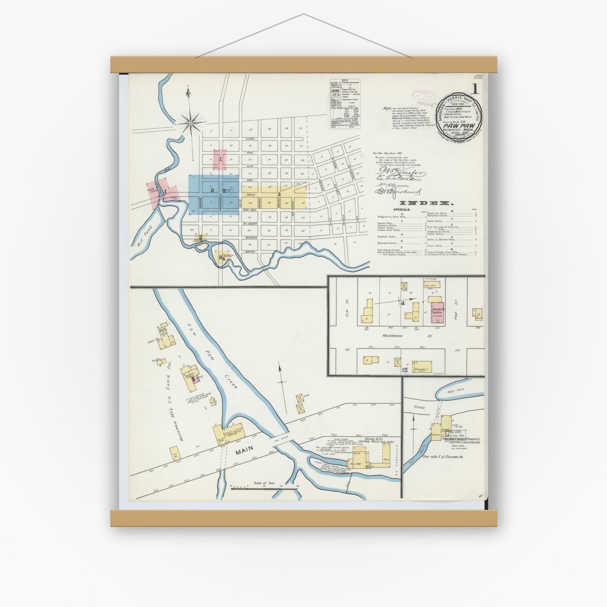 Old map wall art mockup — magnetic wood frame on white wall — Sanborn Fire Insurance Map from Paw Paw, Van Buren County, Michigan (1892) - Complete Map Set