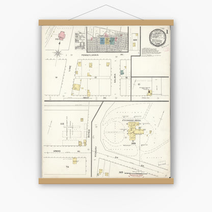 Old map wall art mockup — magnetic wood frame on white wall — Sanborn Fire Insurance Map from Escondido, San Diego County, California (1892), Sheet #0001