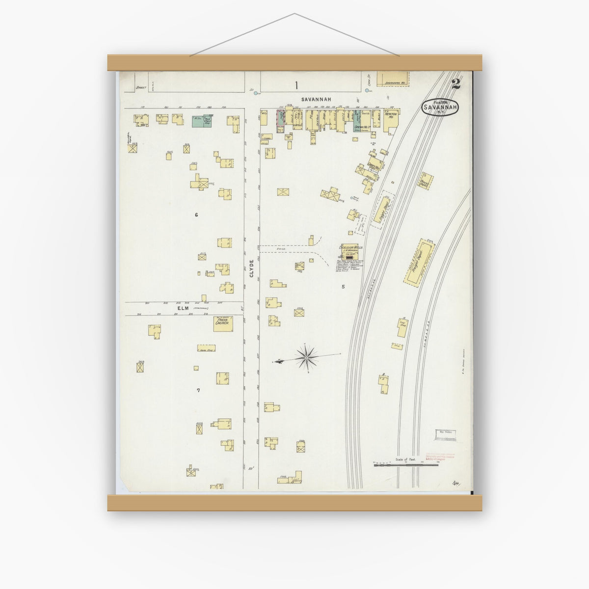 Old map wall art mockup — magnetic wood frame on white wall — Sanborn Fire Insurance Map from Savannah, Wayne County, New York (1896), Sheet #0002