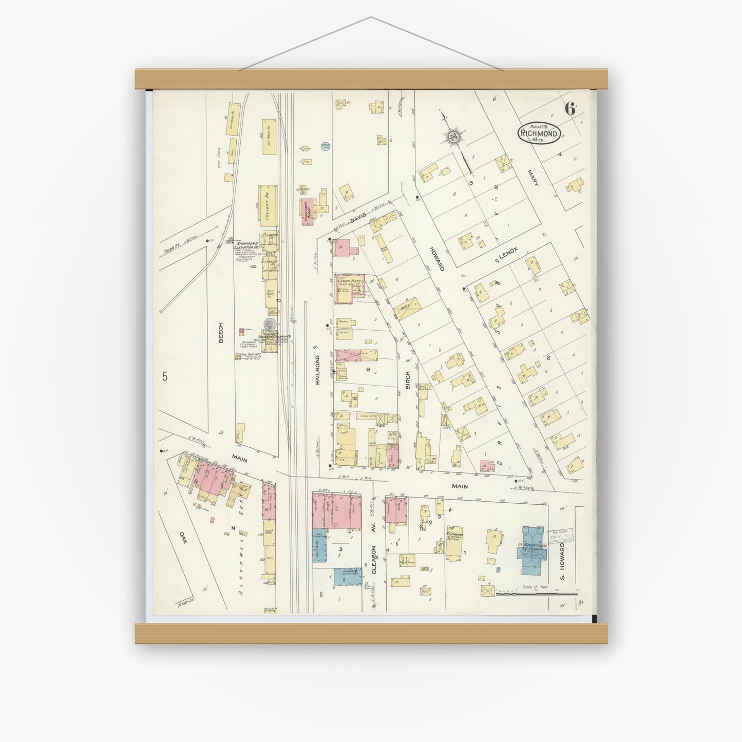 Old map wall art mockup — magnetic wood frame on white wall — Sanborn Fire Insurance Map from Richmond, Macomb County, Michigan (1913), Sheet #0006