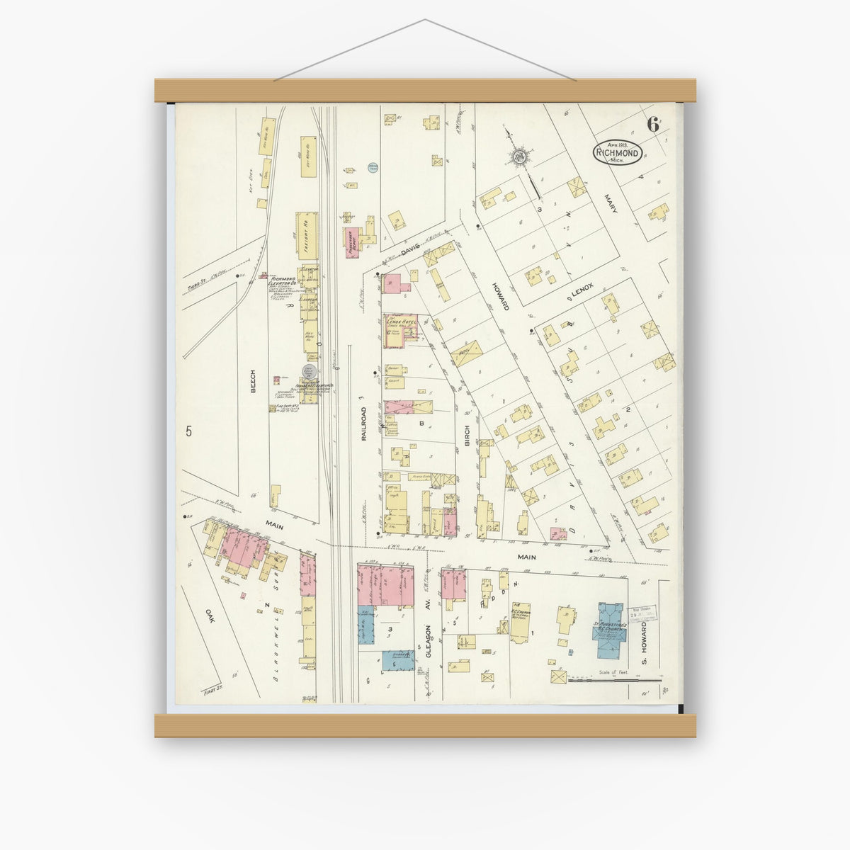 Old map wall art mockup — magnetic wood frame on white wall — Sanborn Fire Insurance Map from Richmond, Macomb County, Michigan (1913), Sheet #0006
