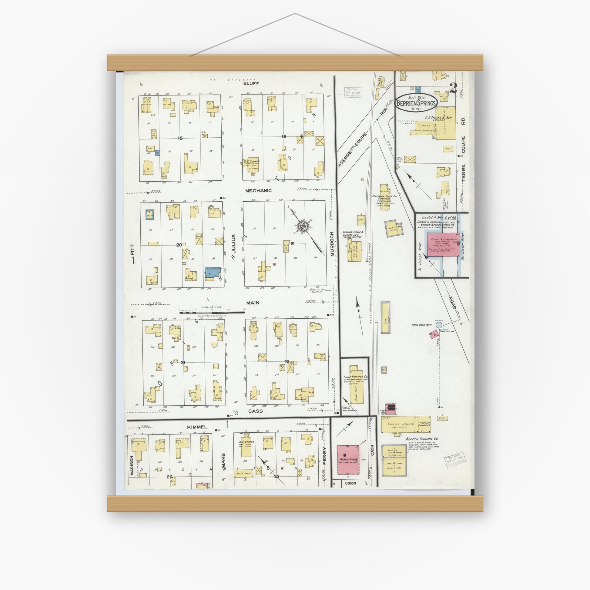 Old map wall art mockup — magnetic wood frame on white wall — Sanborn Fire Insurance Map from Berrien Springs, Berrien County, Michigan (1918), Sheet #0002