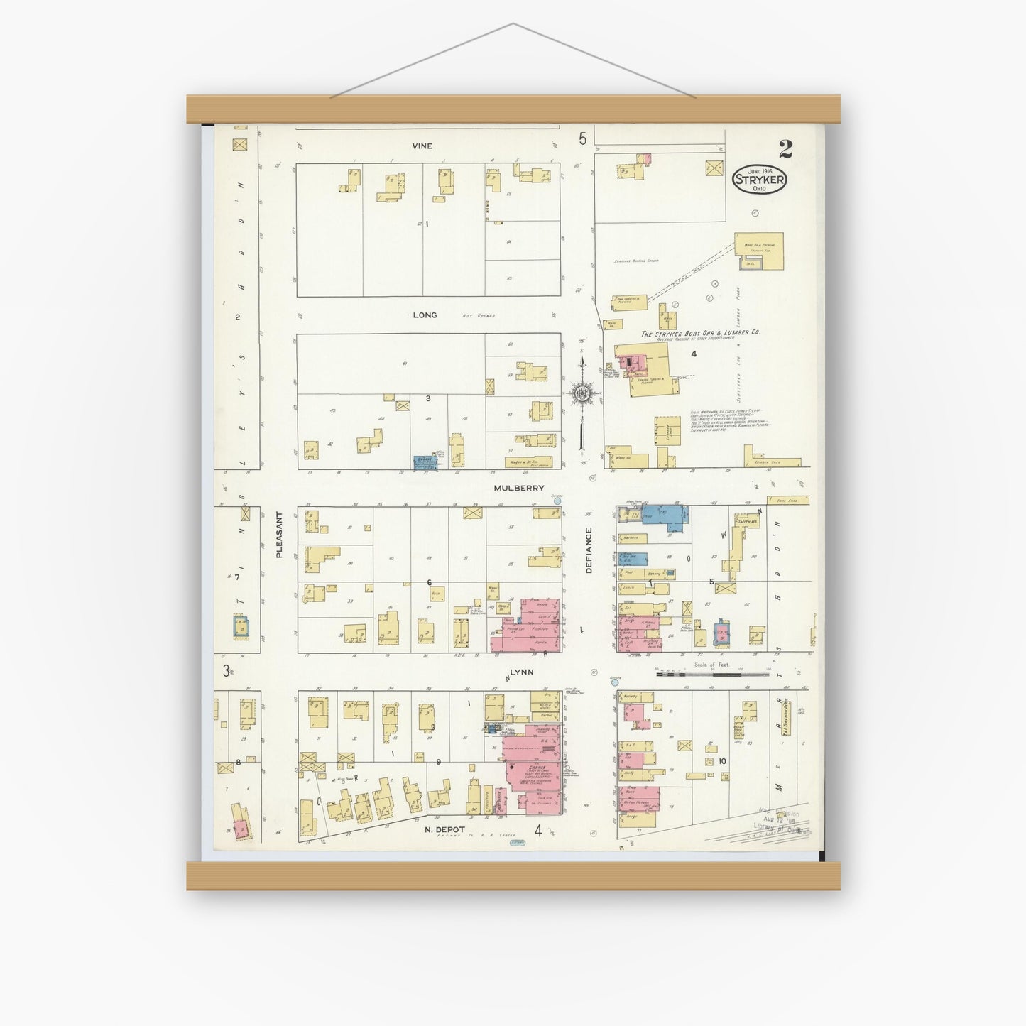 Old map wall art mockup — magnetic wood frame on white wall — Sanborn Fire Insurance Map from Stryker, Williams County, Ohio (1916), Sheet #0002