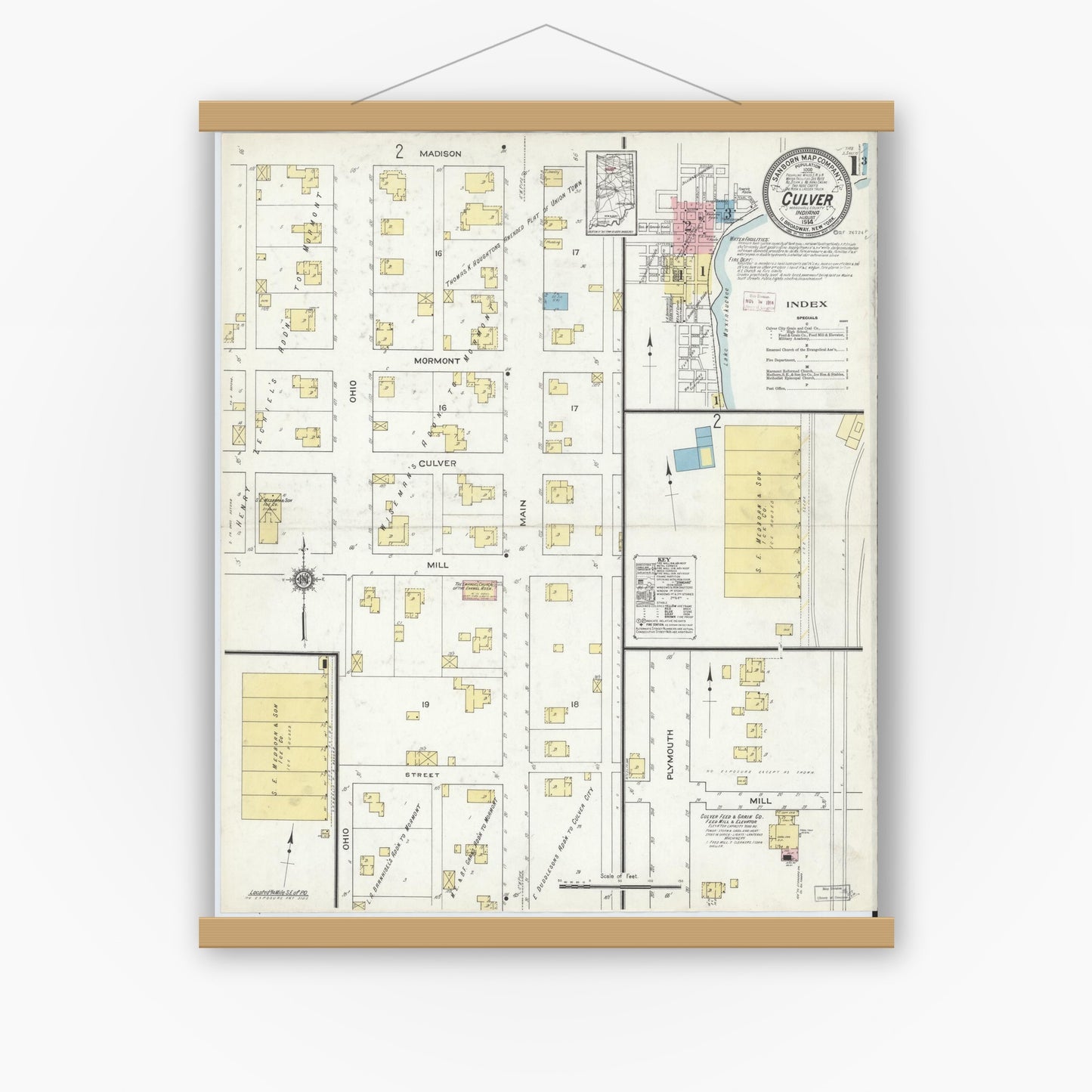 Old map wall art mockup — magnetic wood frame on white wall — Sanborn Fire Insurance Map from Culver, Marshall County, Indiana (1914), Sheet #0001