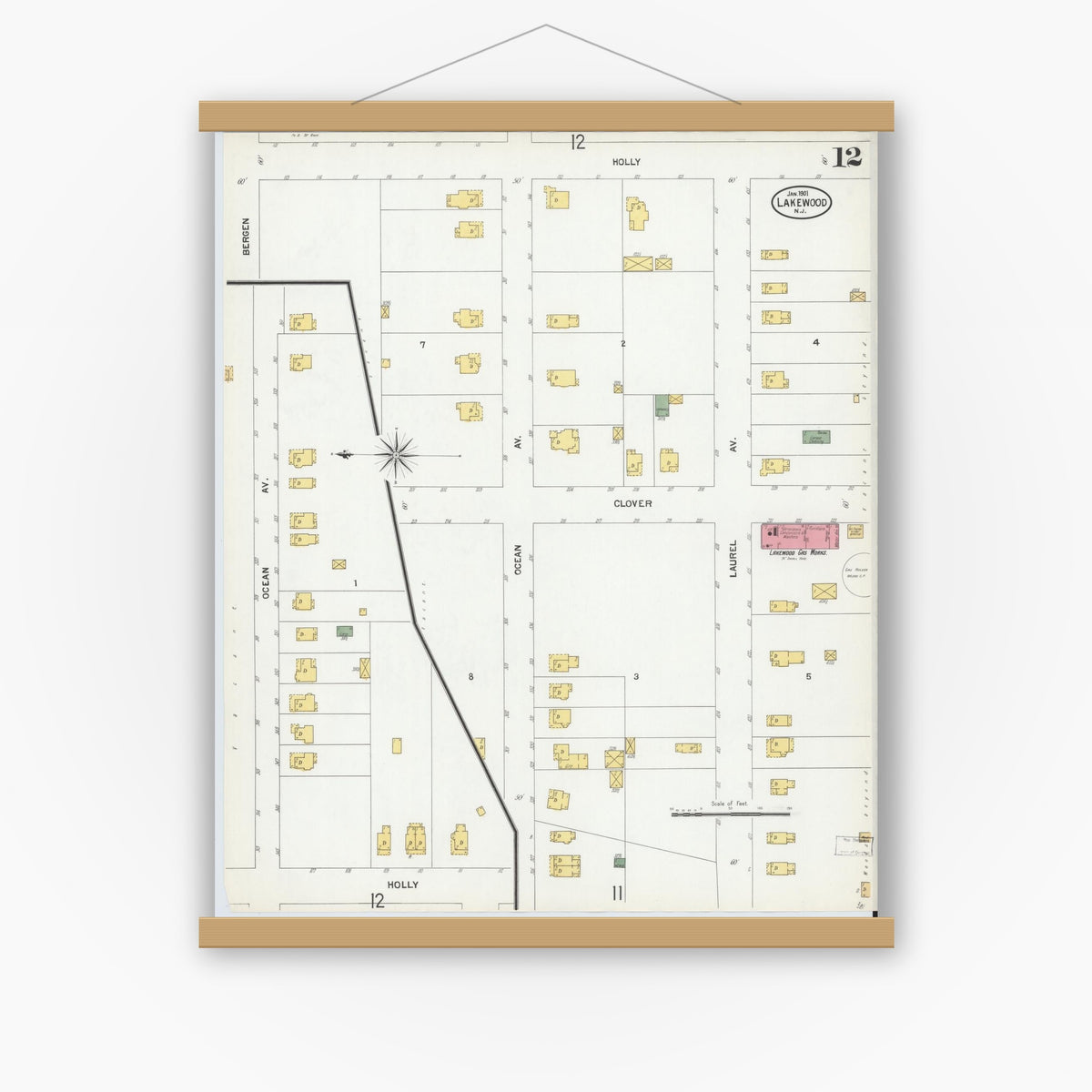 Old map wall art mockup — magnetic wood frame on white wall — Sanborn Fire Insurance Map from Lakewood, Ocean County, New Jersey (1901), Sheet #0012