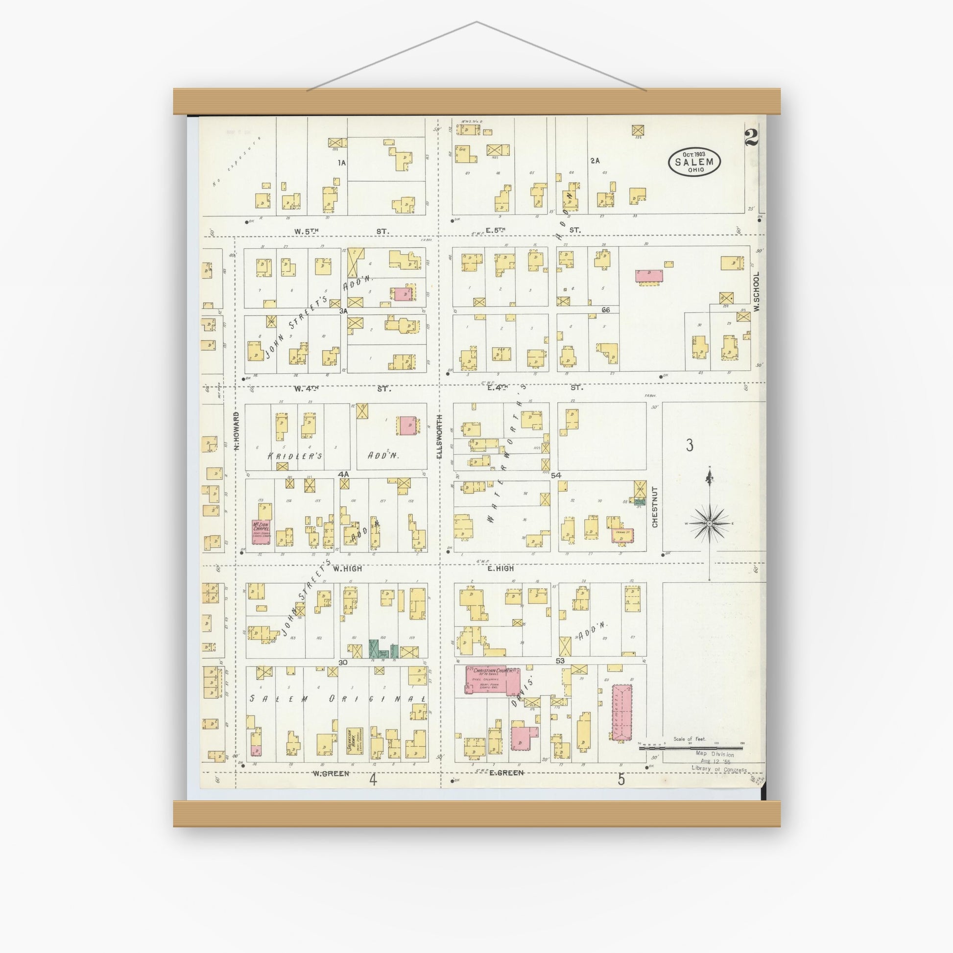 Old map wall art mockup — magnetic wood frame on white wall — Sanborn Fire Insurance Map from Salem, Columbiana County, Ohio (1903), Sheet #0002