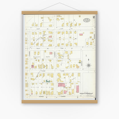 Old map wall art mockup — magnetic wood frame on white wall — Sanborn Fire Insurance Map from Salem, Columbiana County, Ohio (1903), Sheet #0002