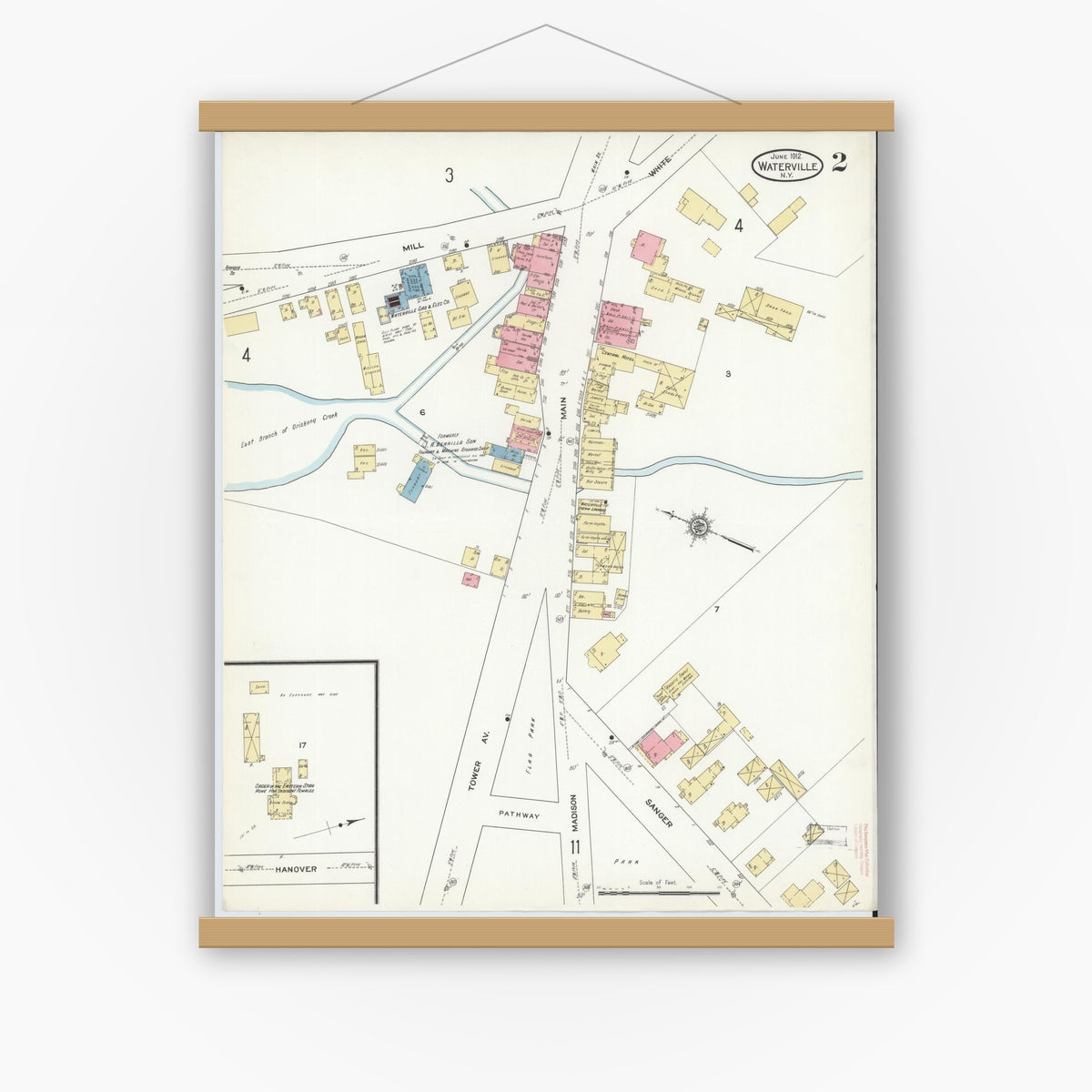 Old map wall art mockup — magnetic wood frame on white wall — Sanborn Fire Insurance Map from Waterville, Oneida County, New York (1912), Sheet #0002