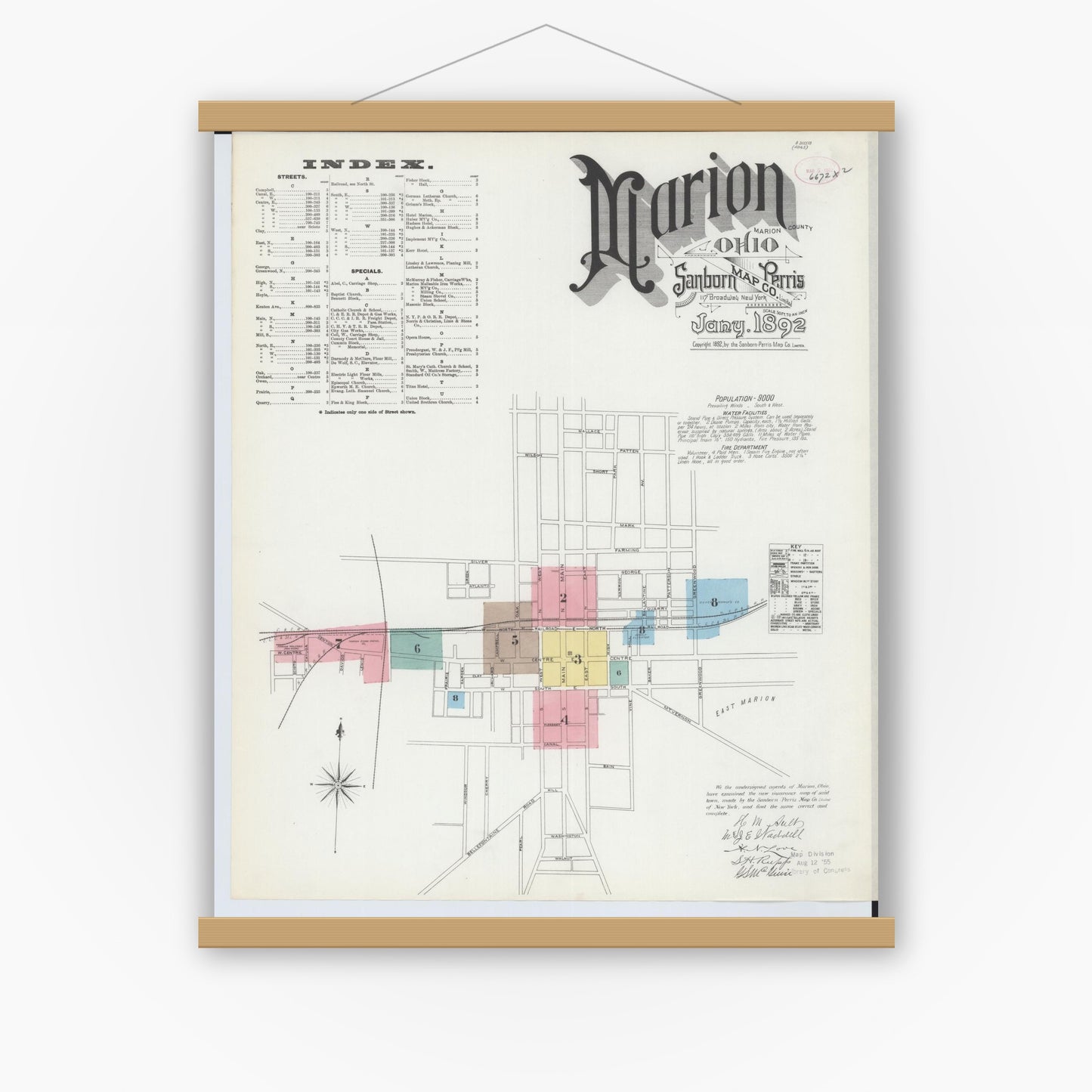 Old map wall art mockup — magnetic wood frame on white wall — Sanborn Fire Insurance Map from Marion, Marion County, Ohio (1892) - Complete Map Set