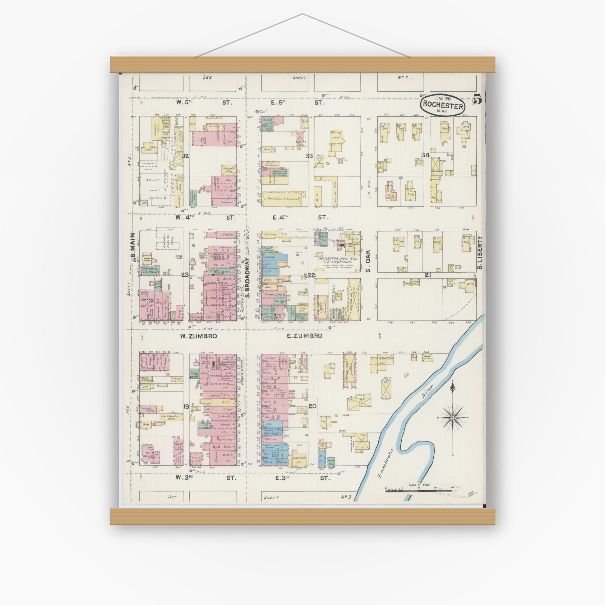 Old map wall art mockup — magnetic wood frame on white wall — Sanborn Fire Insurance Map from Rochester, Olmsted County, Minnesota (1890), Sheet #0005