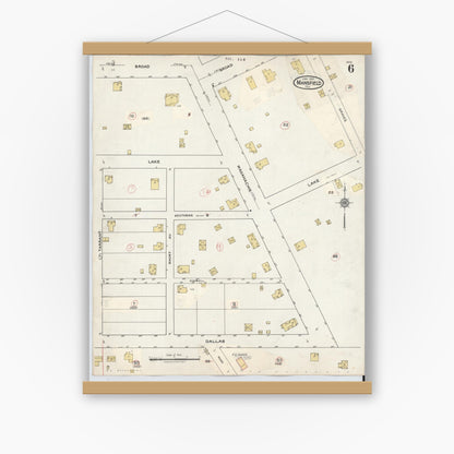 Old map wall art mockup — magnetic wood frame on white wall — Sanborn Fire Insurance Map from Mansfield, Tarrant County, Texas (1933), Sheet #0006