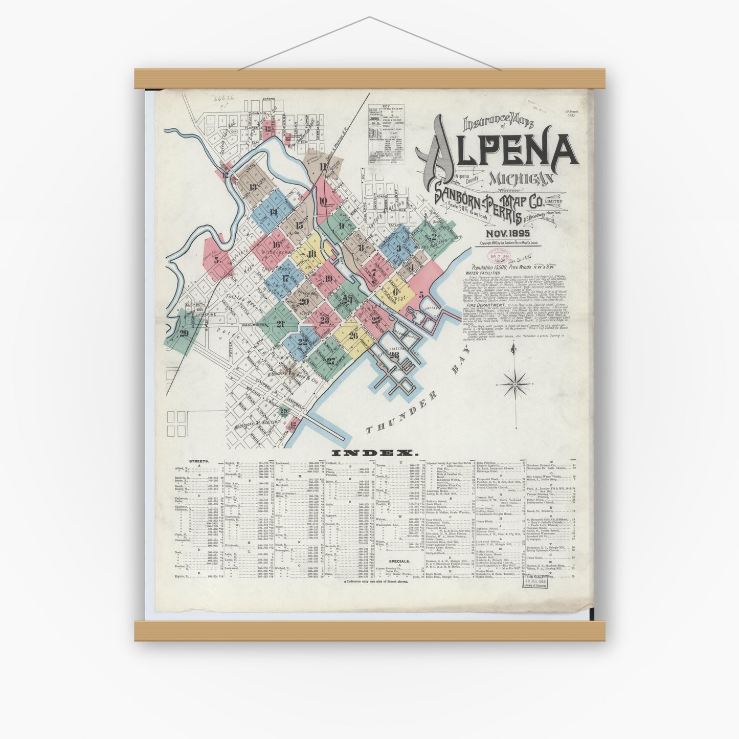 Old map wall art mockup — magnetic wood frame on white wall — Sanborn Fire Insurance Map from Alpena, Alpena County, Michigan (1895), Sheet #0001