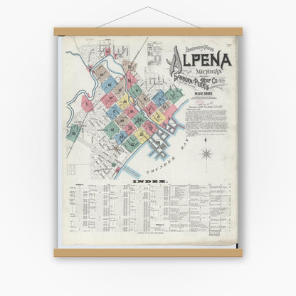 Old map wall art mockup — magnetic wood frame on white wall — Sanborn Fire Insurance Map from Alpena, Alpena County, Michigan (1895), Sheet #0001