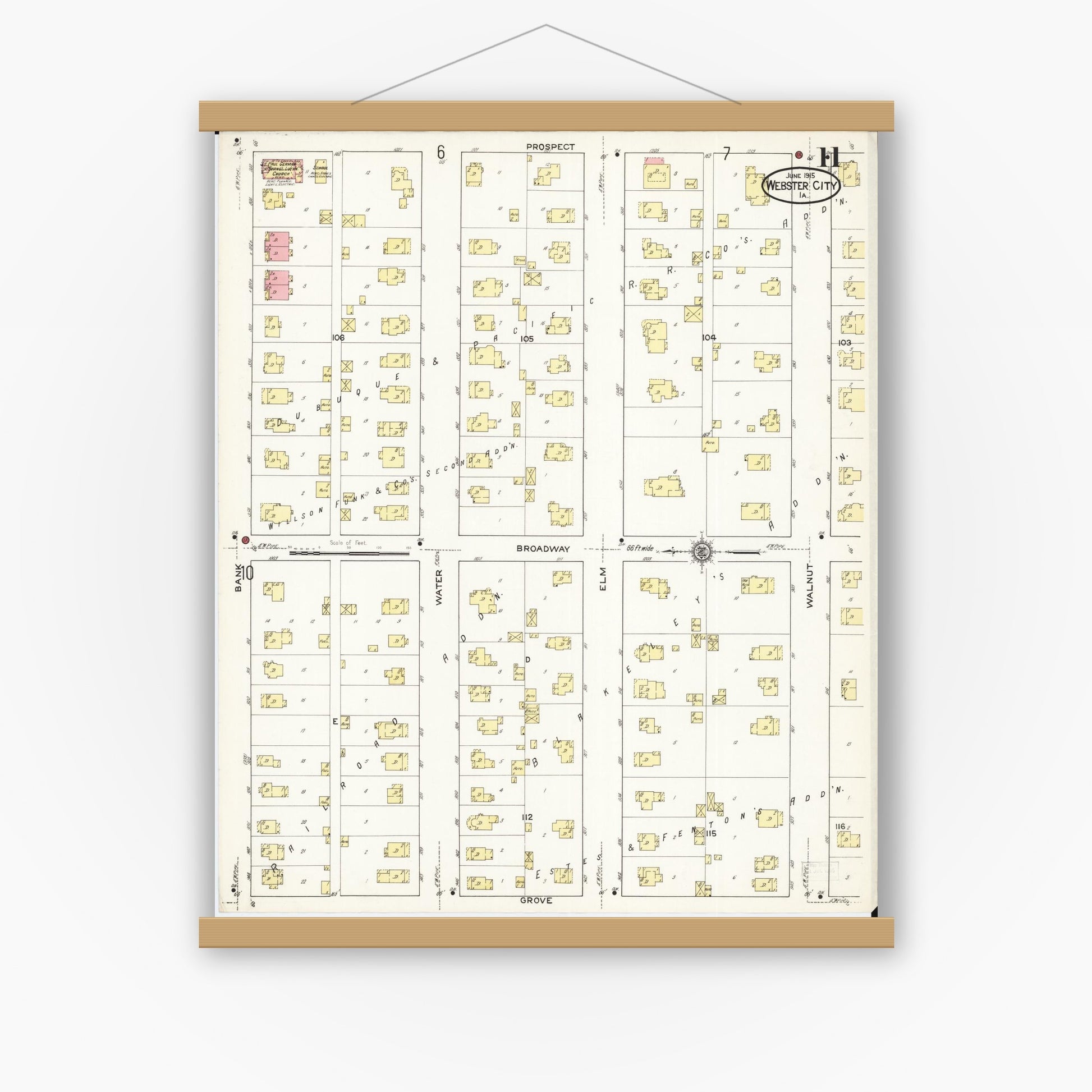 Old map wall art mockup — magnetic wood frame on white wall — Sanborn Fire Insurance Map from Webster City, Hamilton County, Iowa (1915), Sheet #0011