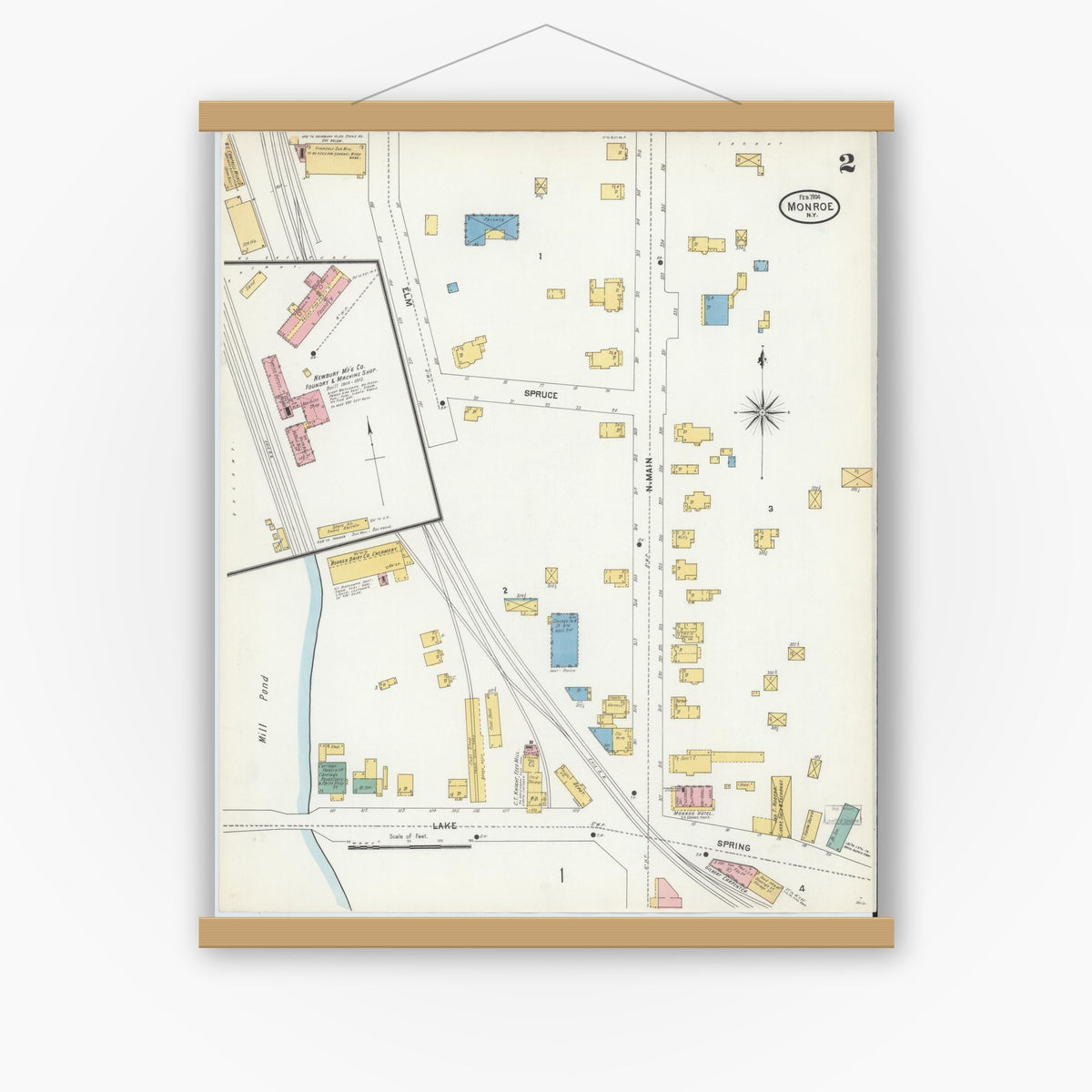 Old map wall art mockup — magnetic wood frame on white wall — Sanborn Fire Insurance Map from Monroe, Orange County, New York (1904), Sheet #0002